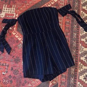 J.O.A. Sunny Sensation Navy Blue Striped Off-the-Shoulder Romper